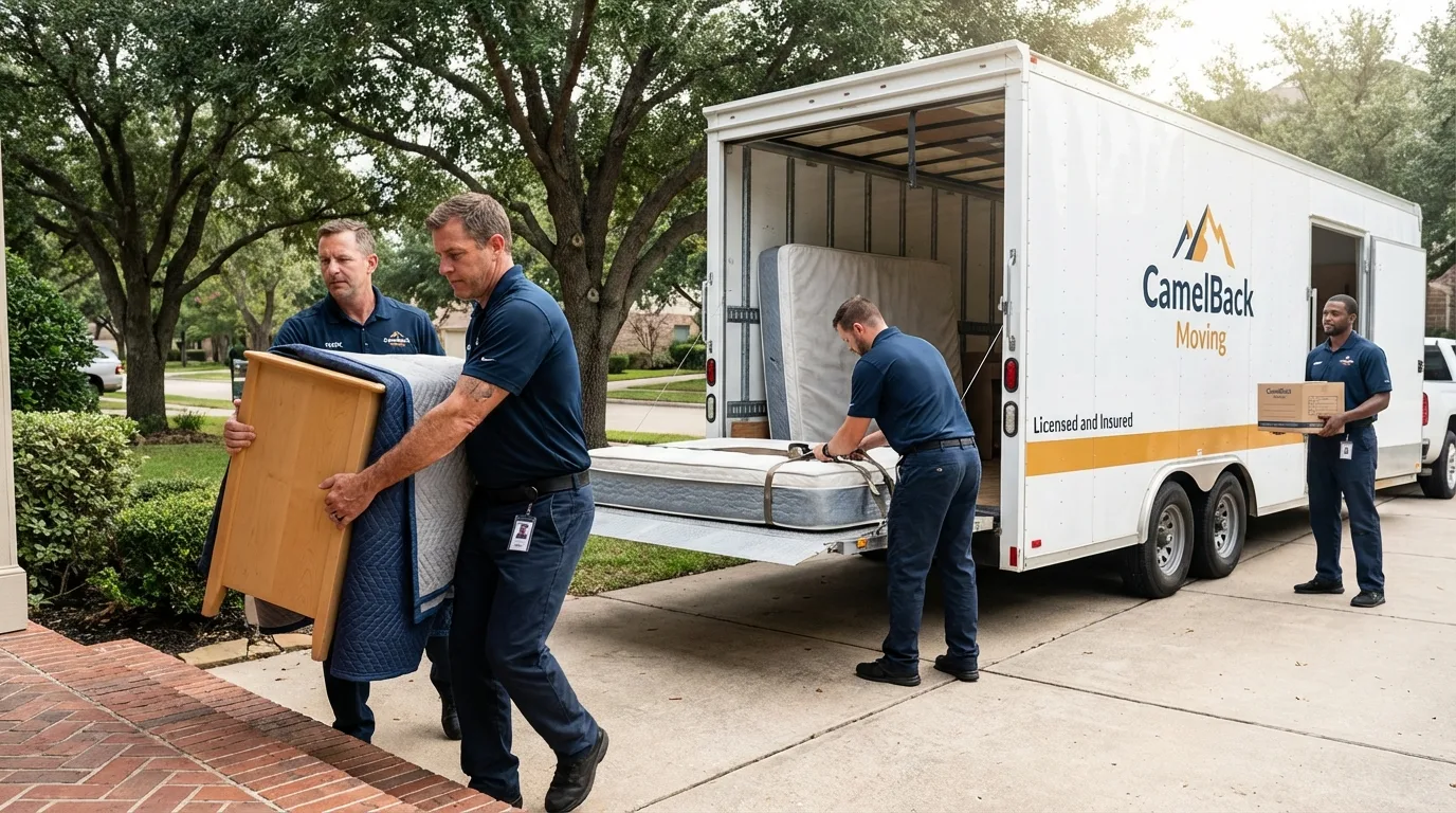 Crew loading residential truck for cross-state move from Checotah, OK