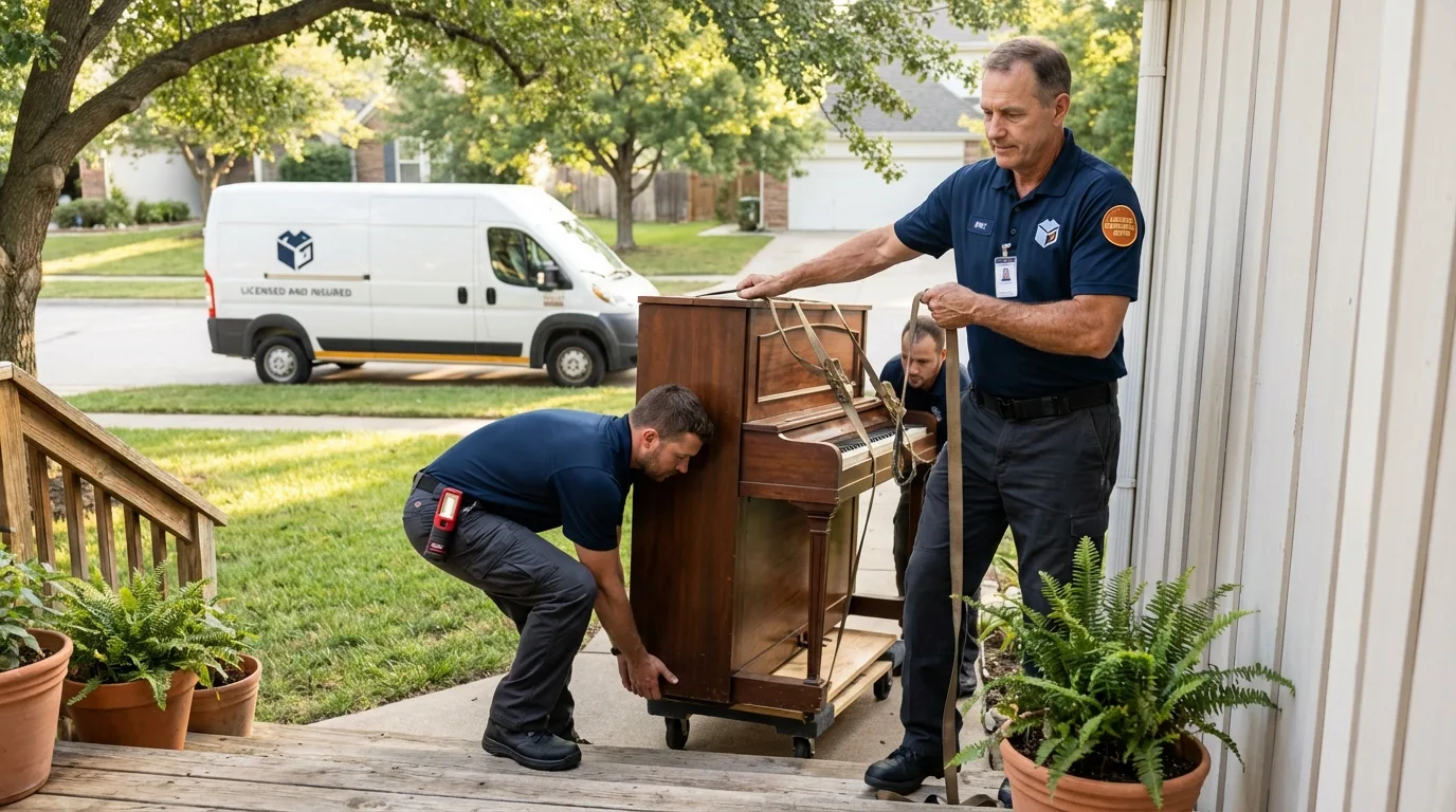 Licensed piano movers securing grand piano in Checotah, OK