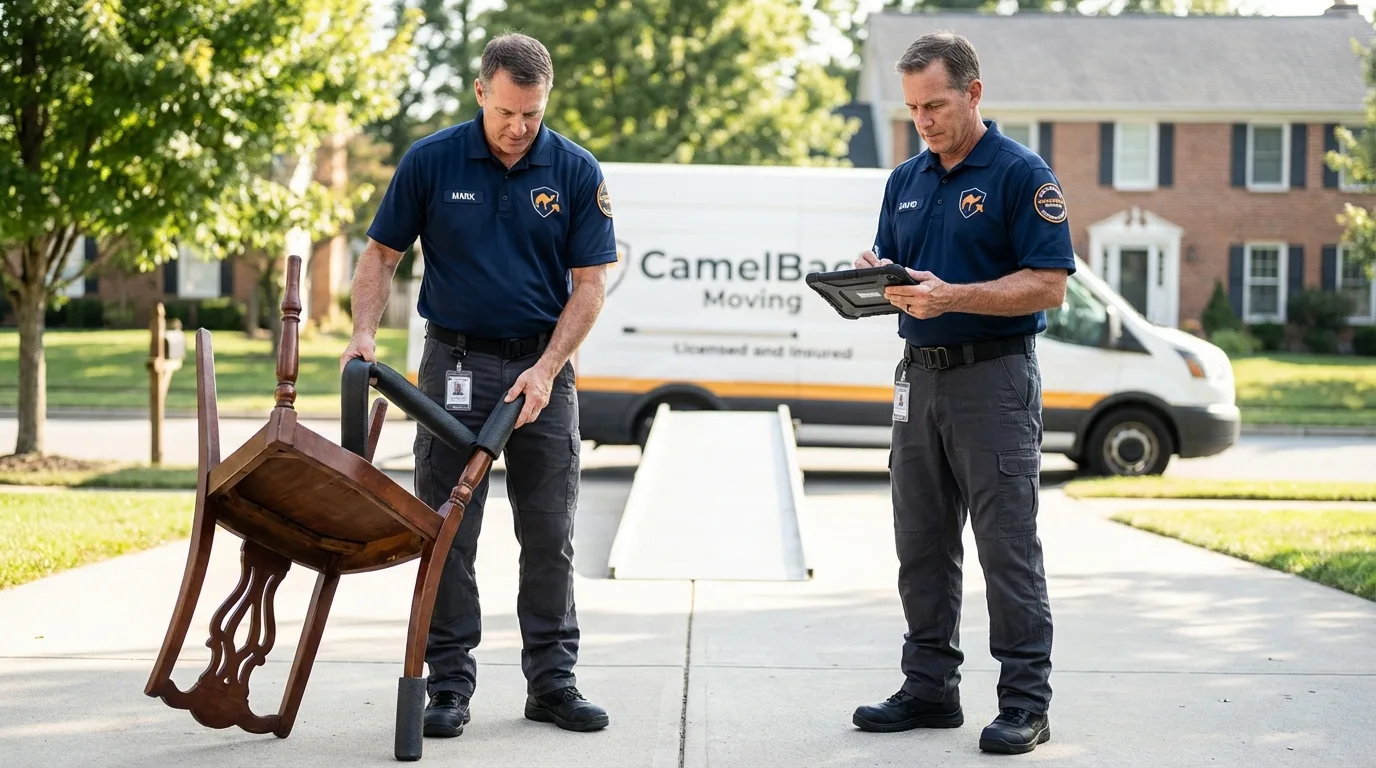 Movers inspecting furniture for damage prevention before loading in Checotah, OK