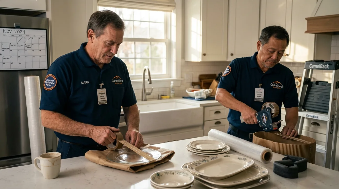 Professional crew packing kitchen dishware in Checotah, OK